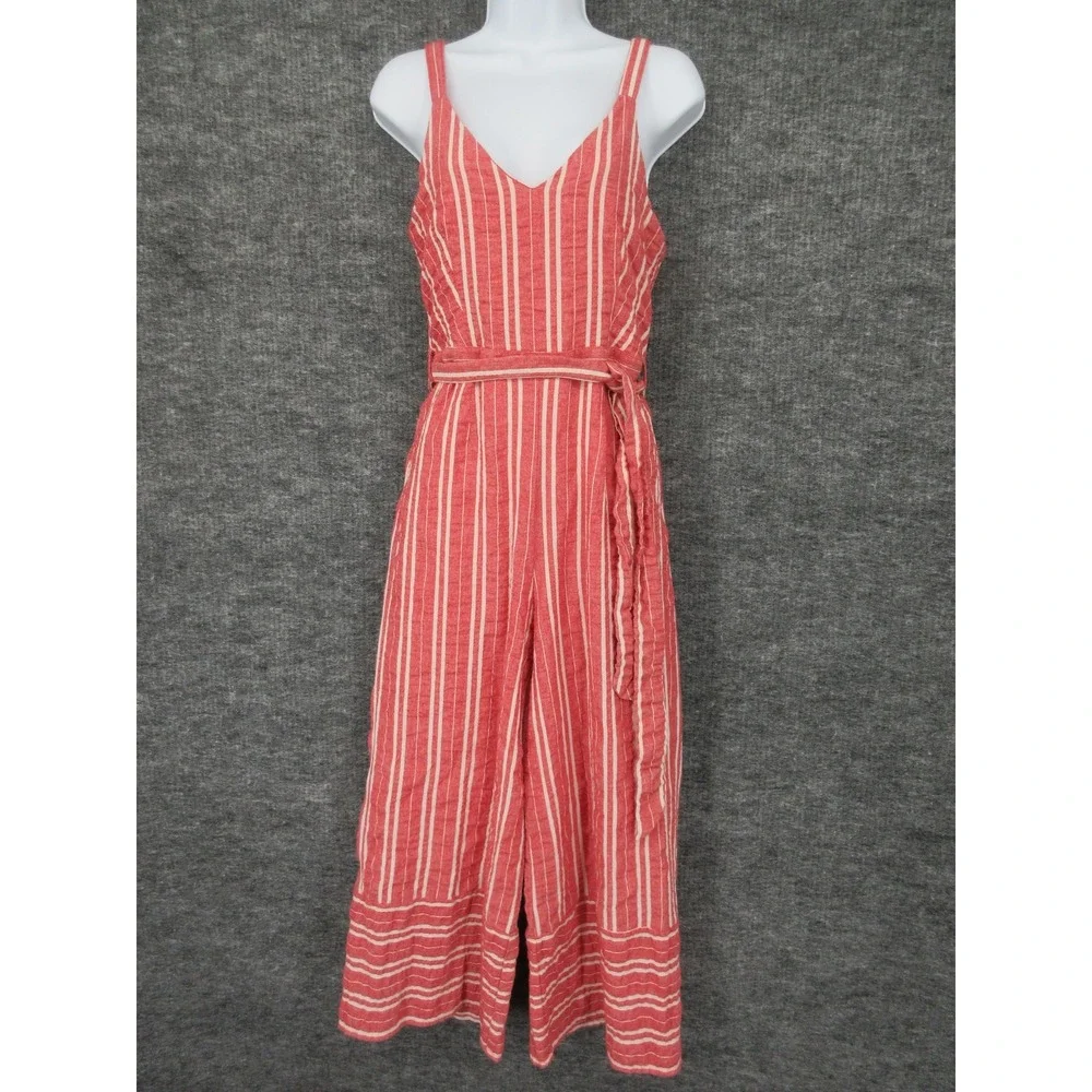 Anthropologie Ett:twa Jumpsuit Womens XS Red Striped Belted Wide Leg One Piece